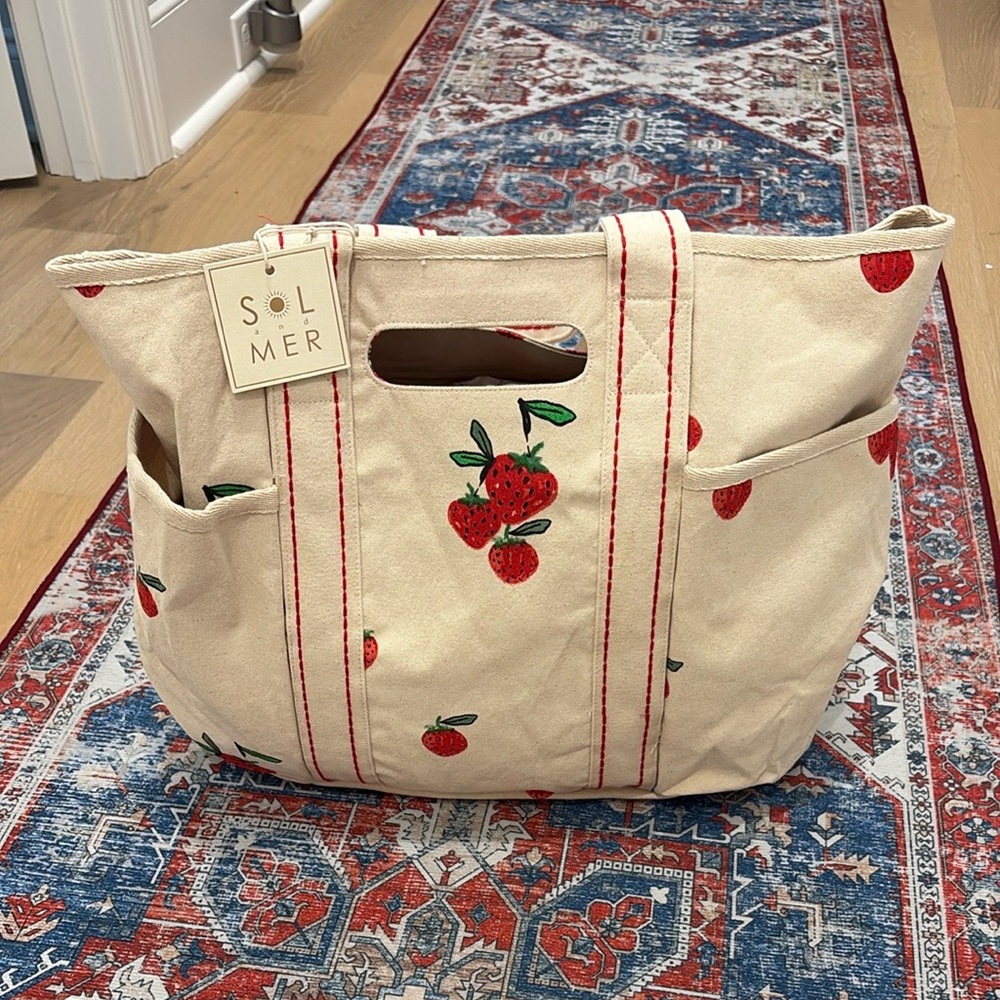NWT RARE VIRAL Sol and Mer Cream Strawberry Canvas Tote Bag